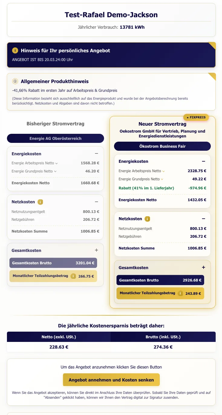 Mobiles persönliches Energieangebot mit Vergleich von bisherigem und neuem Stromvertrag